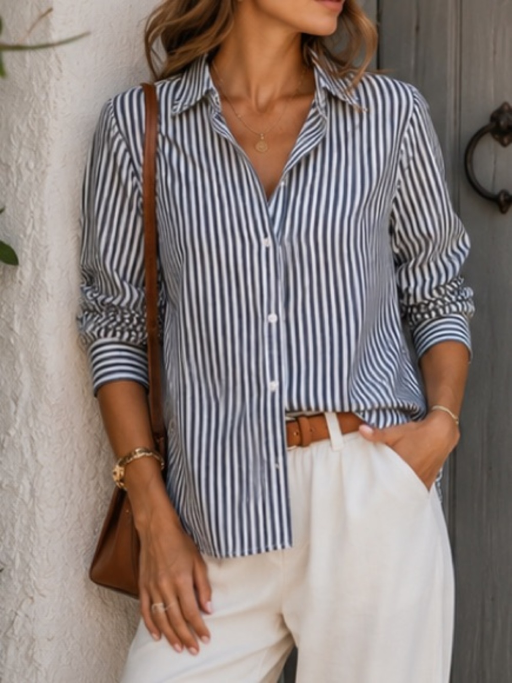 Grant & Grace The Monte Carlo Sun Washed Gray White Stripe Button Front Shirt XL - Picture 5 of 16